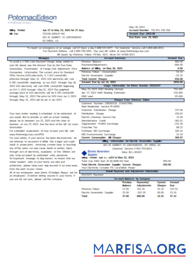 Realistic Potomac Edison utility business bill, page 1, SCR real example